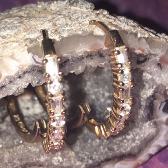 Gold Toned Silver CZ Snap Hooped Earrings - Picture 1 of 9